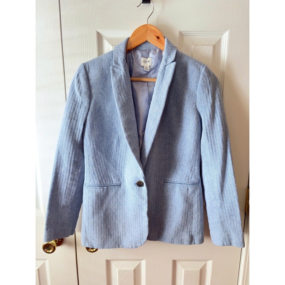 NWOT J. Crew Factory Blue White Herringbone Linen Blend Summer Blazer 2